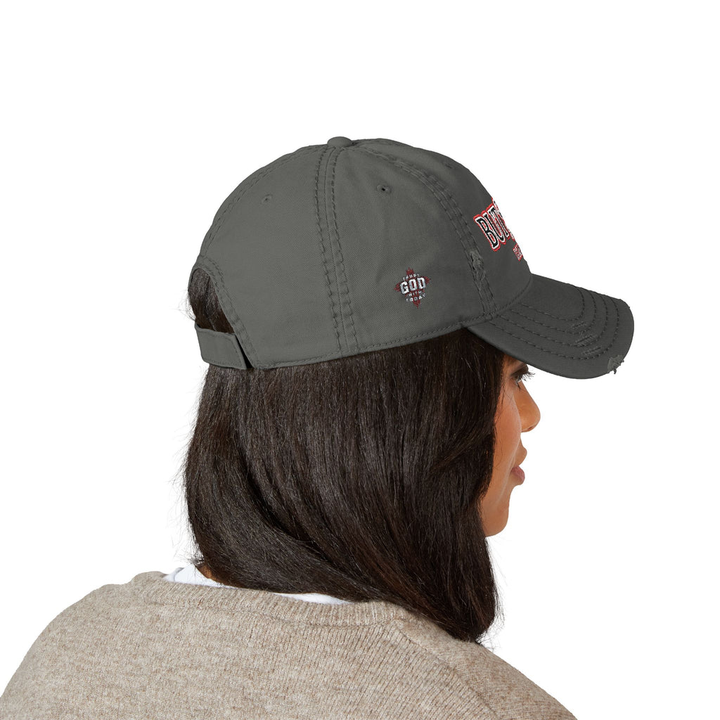 Distressed Dad Hat — “But; Christ” Our Stories Continue!  Embroidered Cap (Romans 5:8, Trust God)