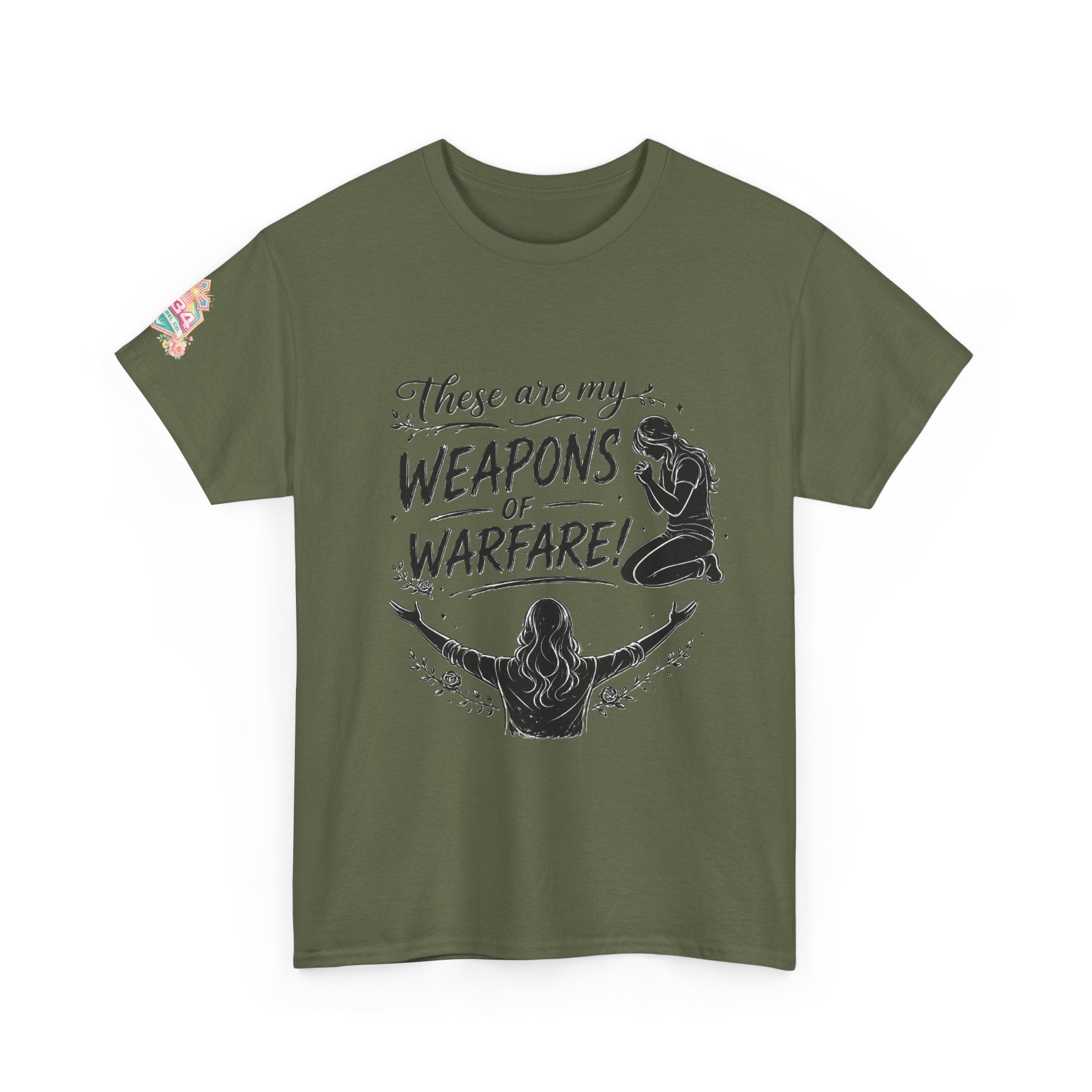 Women's Floral Worship & Prayer Tee — "These Are My Weapons of Warfare" Christian T-Shirt