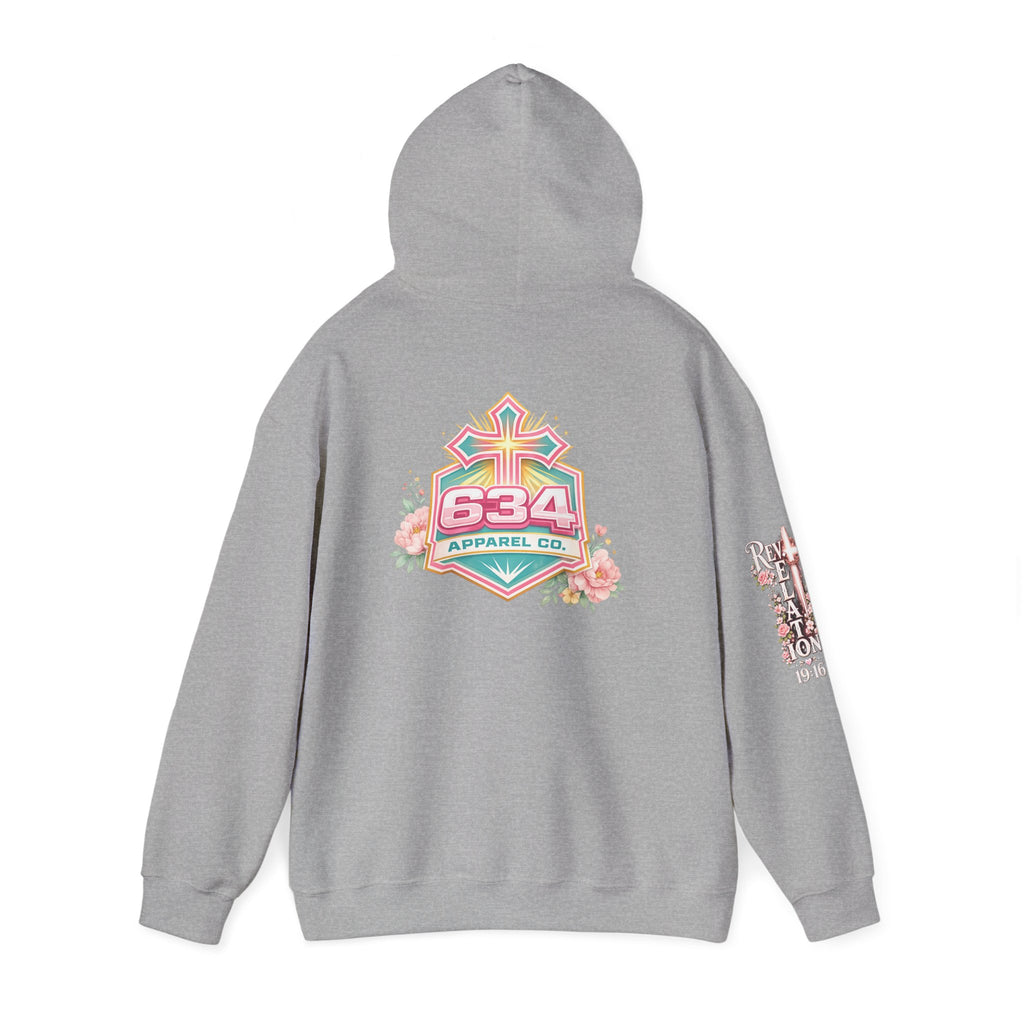 Christ Is King Floral Hoodie — Revelation 19:16 Sleeve & 634 Logo
