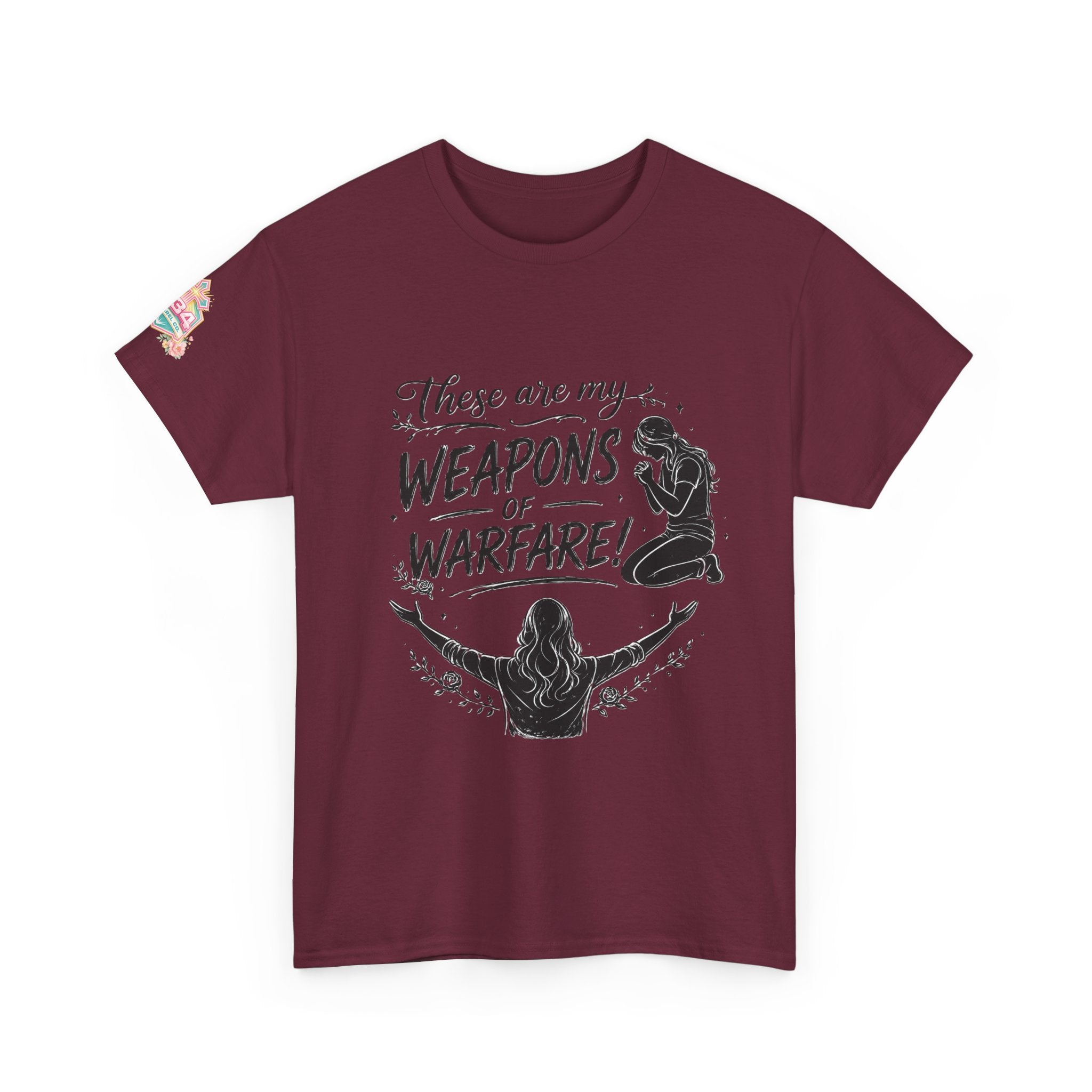 Women's Floral Worship & Prayer Tee — "These Are My Weapons of Warfare" Christian T-Shirt
