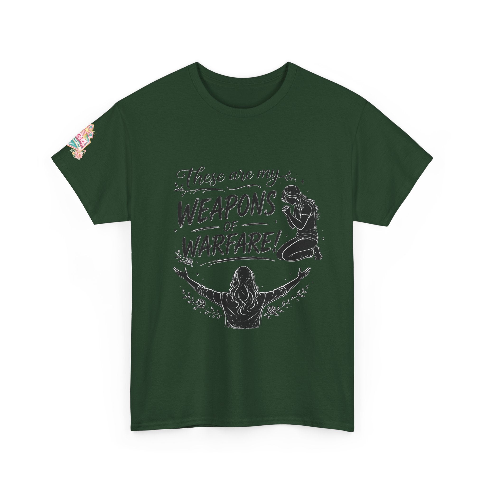 Women's Floral Worship & Prayer Tee — "These Are My Weapons of Warfare" Christian T-Shirt