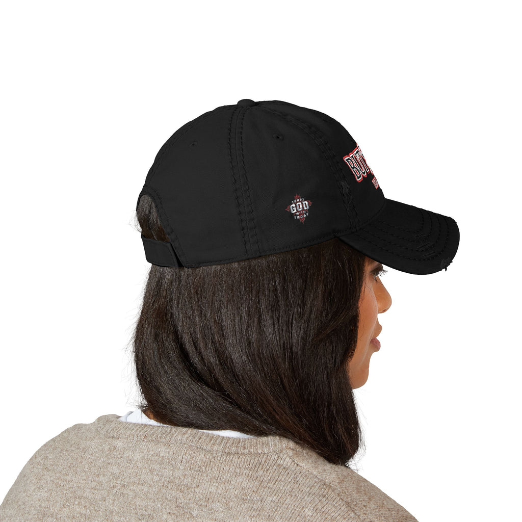 Distressed Dad Hat — “But; Christ” Our Stories Continue!  Embroidered Cap (Romans 5:8, Trust God)