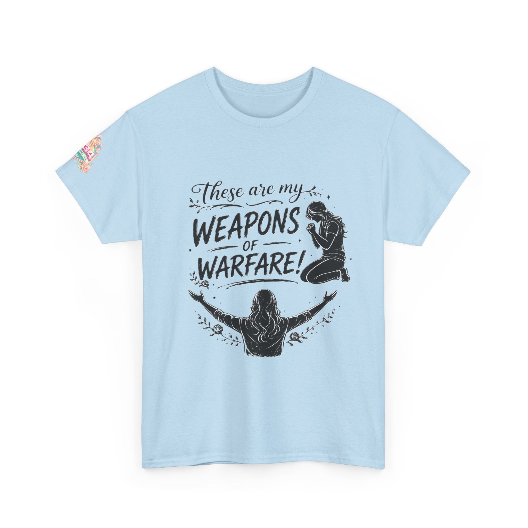 Women's Floral Worship & Prayer Tee — "These Are My Weapons of Warfare" Christian T-Shirt