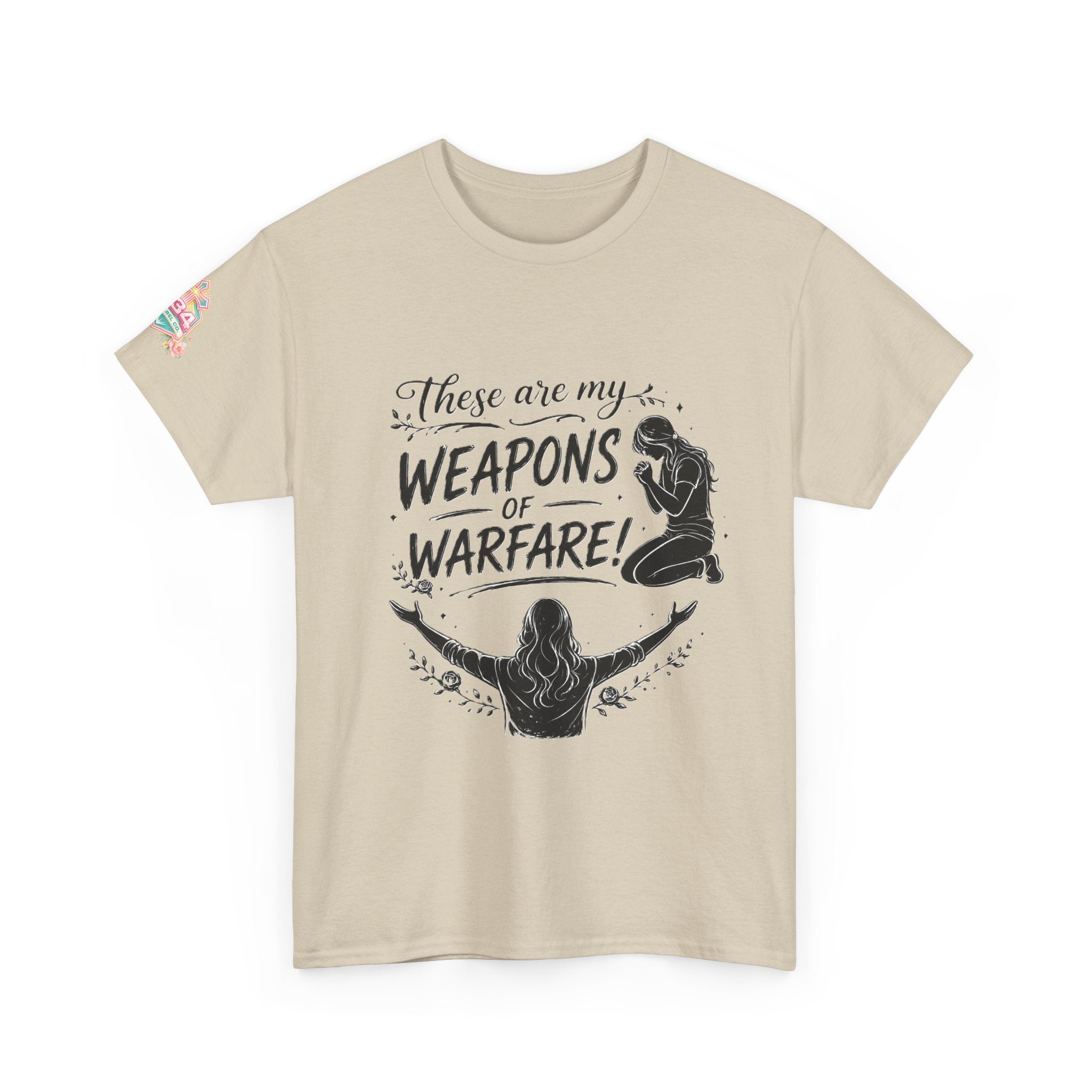 Women's Floral Worship & Prayer Tee — "These Are My Weapons of Warfare" Christian T-Shirt