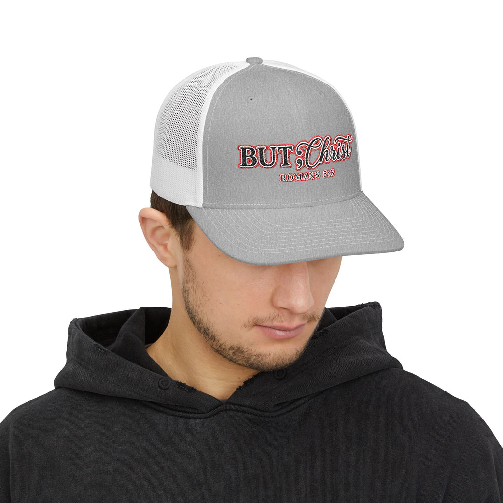 But Christ Trucker Cap – Christian Snapback Hat with Romans 5:8 Embroidery