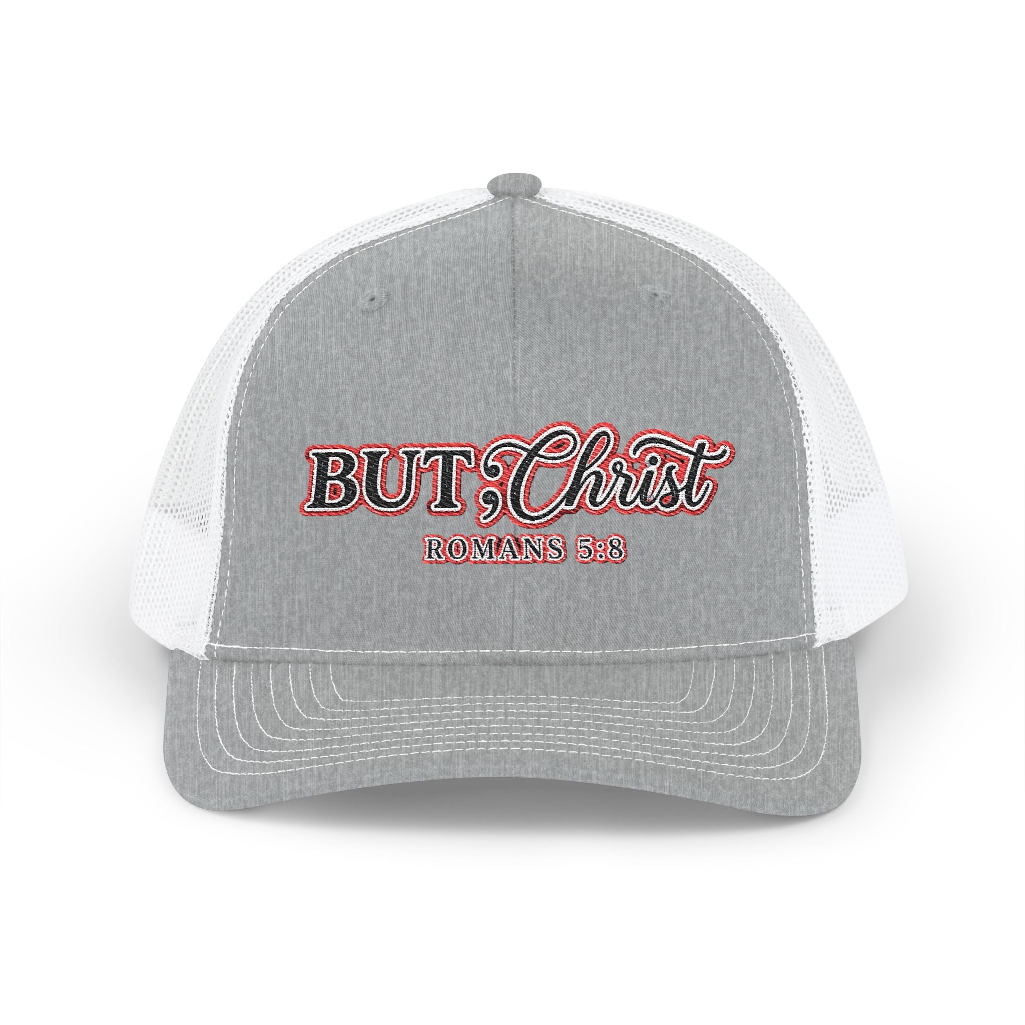 But Christ Trucker Cap – Christian Snapback Hat with Romans 5:8 Embroidery