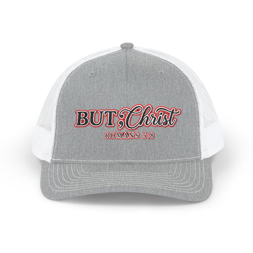But Christ Trucker Cap – Christian Snapback Hat with Romans 5:8 Embroidery