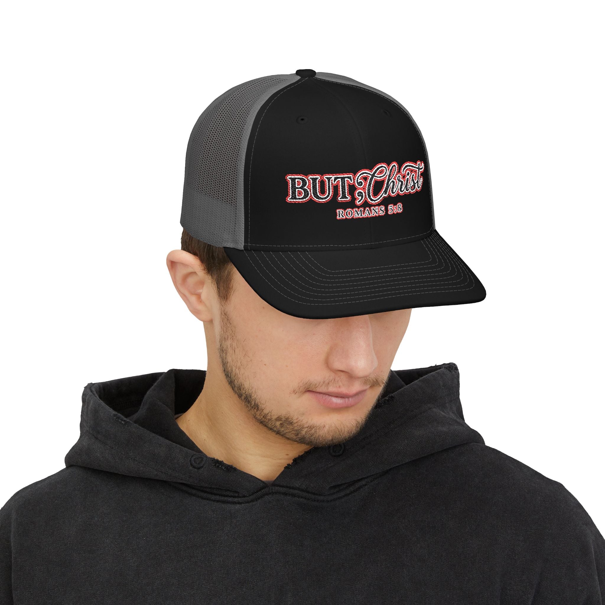 But Christ Trucker Cap – Christian Snapback Hat with Romans 5:8 Embroidery