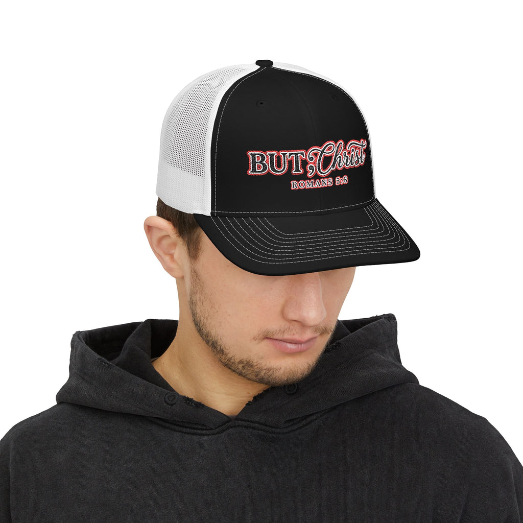 But Christ Trucker Cap – Christian Snapback Hat with Romans 5:8 Embroidery