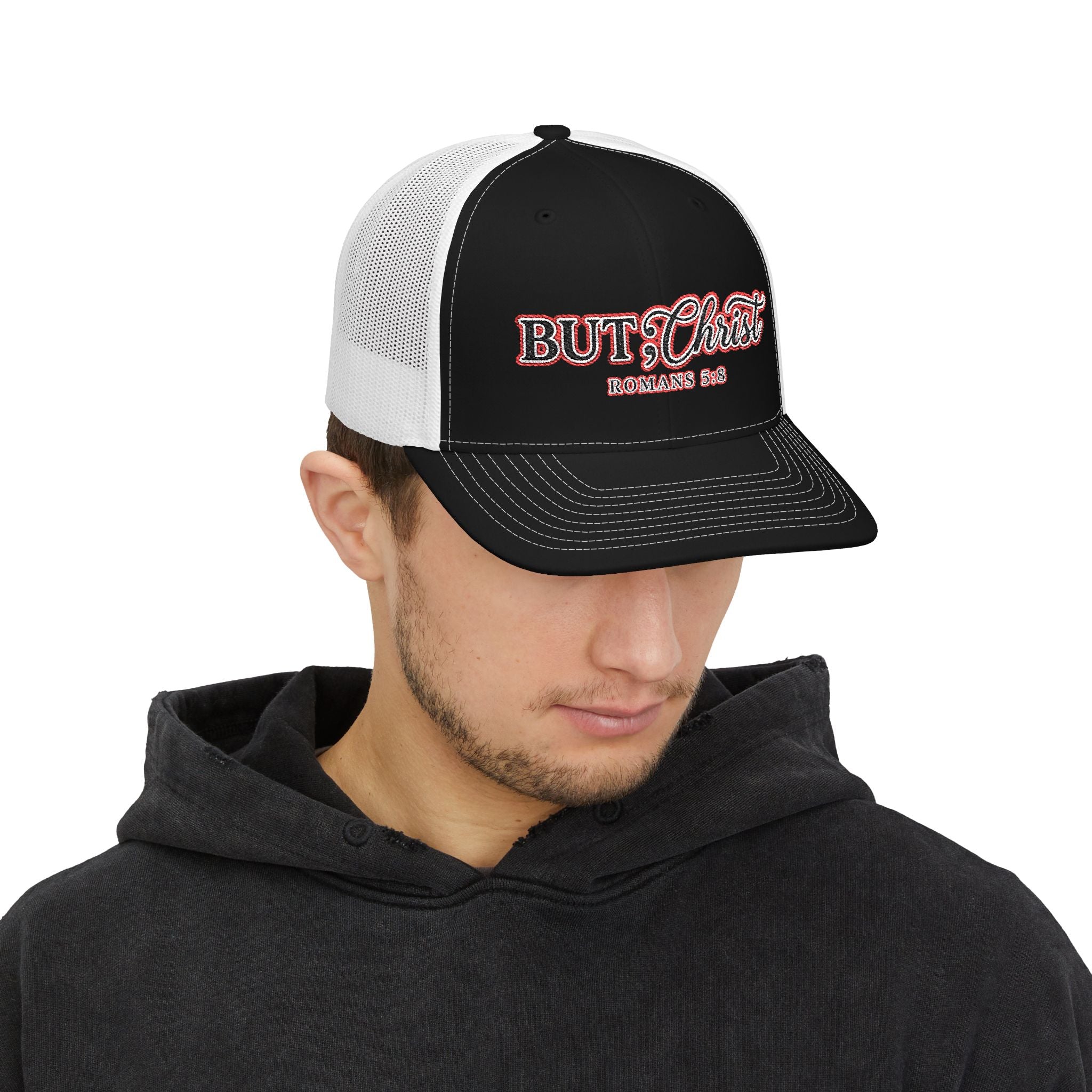 But Christ Trucker Cap – Christian Snapback Hat with Romans 5:8 Embroidery