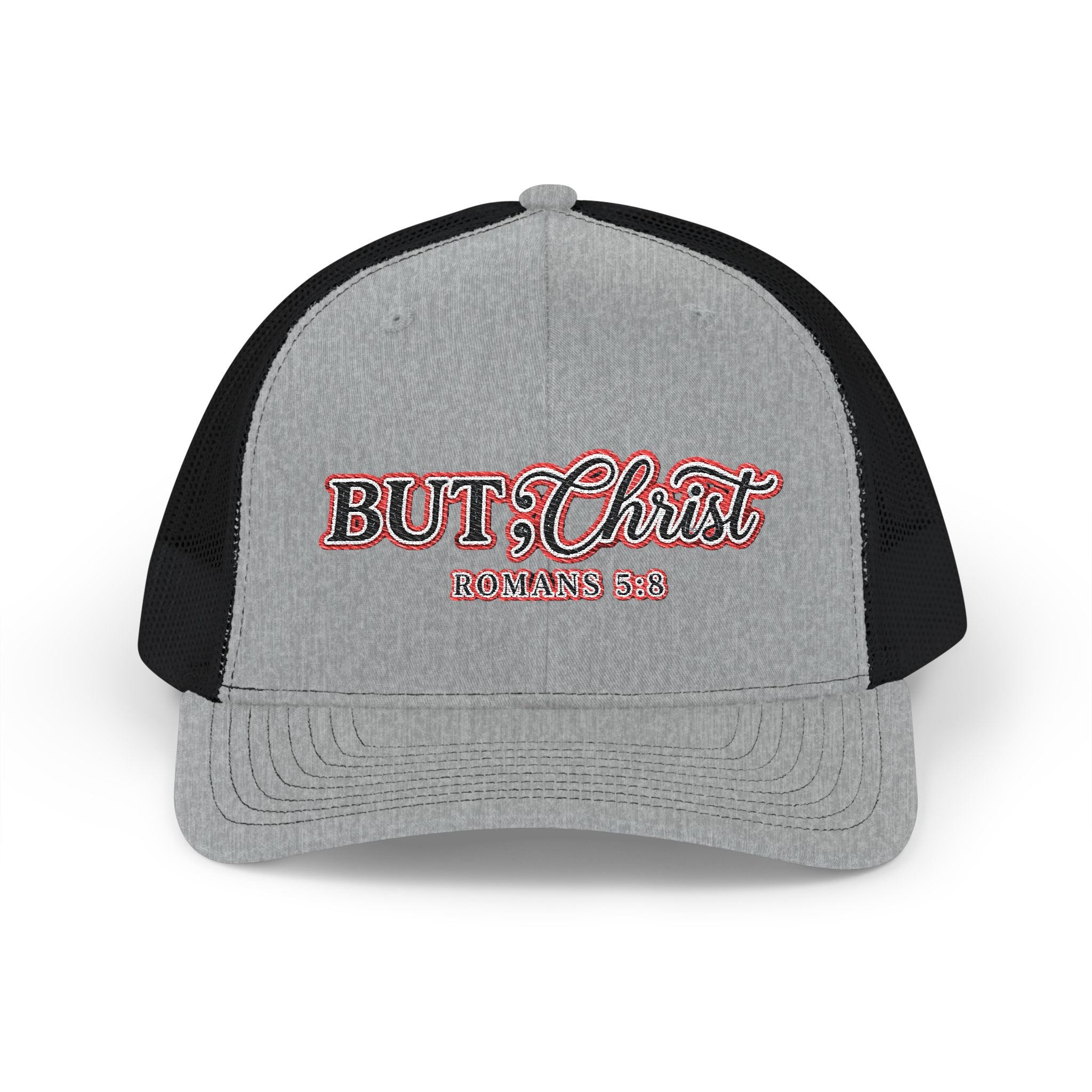 But Christ Trucker Cap – Christian Snapback Hat with Romans 5:8 Embroidery