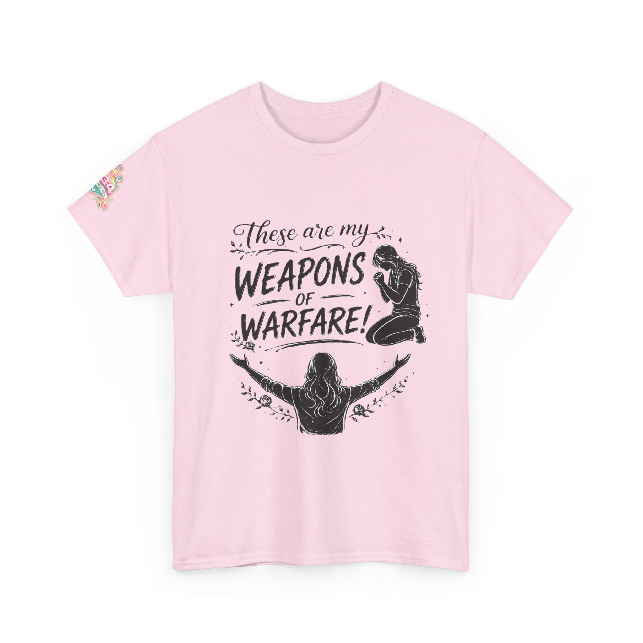 Women's Floral Worship & Prayer Tee — "These Are My Weapons of Warfare" Christian T-Shirt