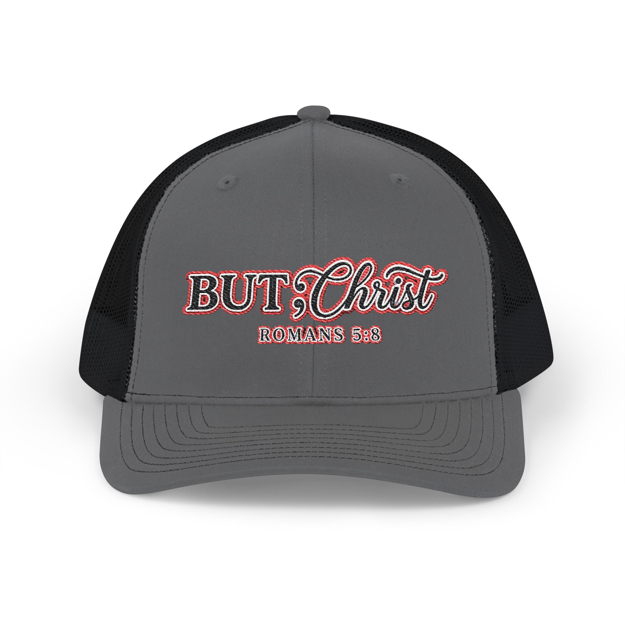 But Christ Trucker Cap – Christian Snapback Hat with Romans 5:8 Embroidery