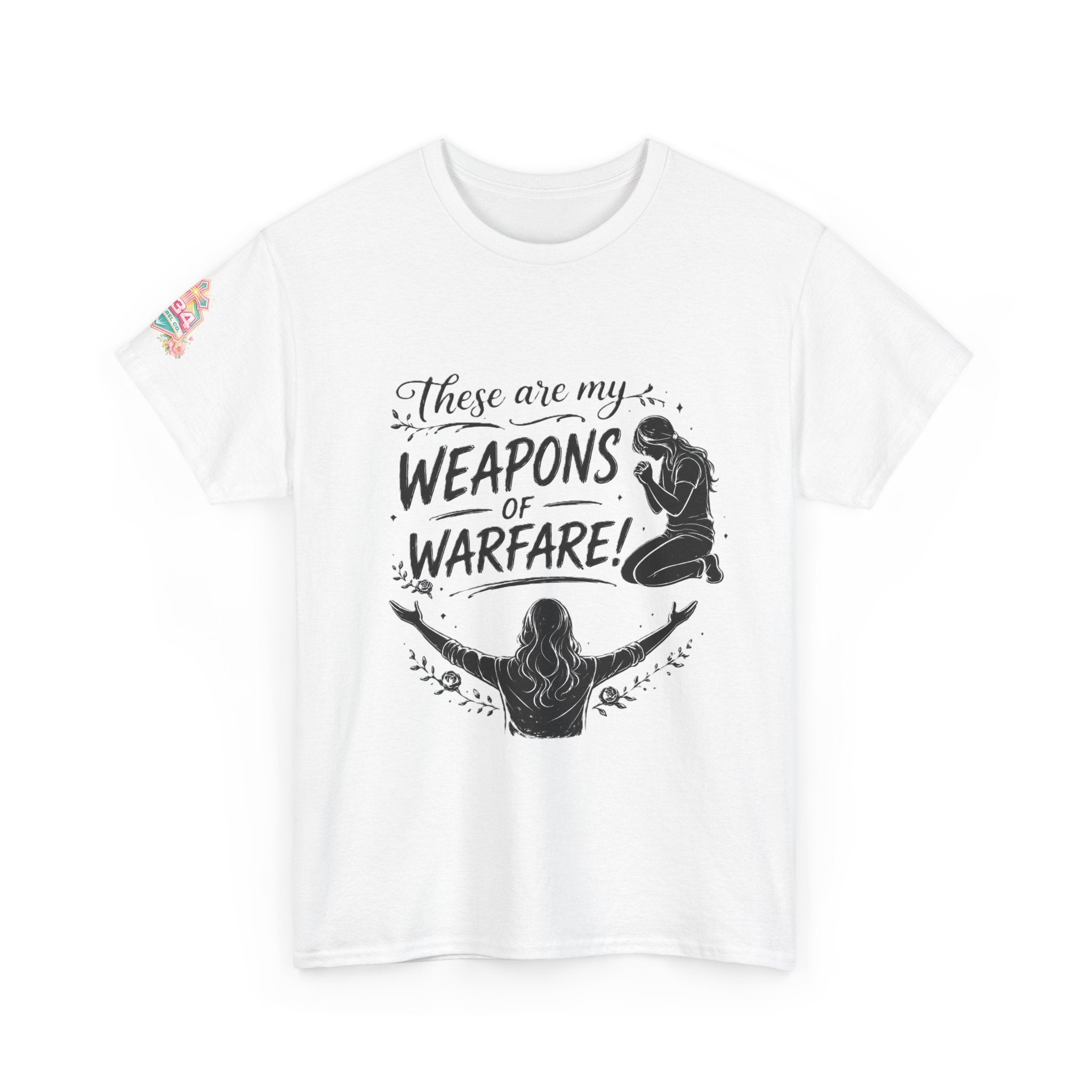 Women's Floral Worship & Prayer Tee — "These Are My Weapons of Warfare" Christian T-Shirt
