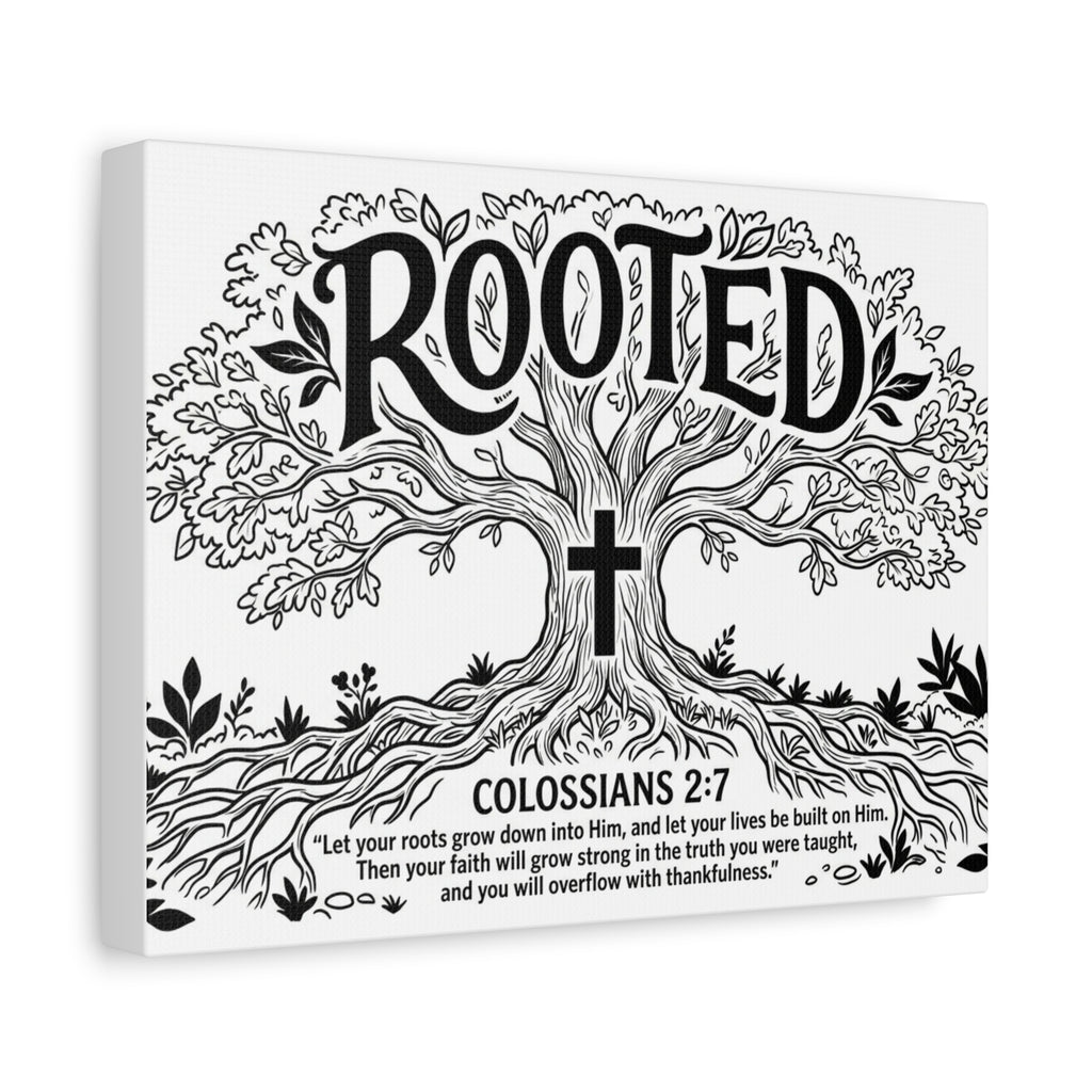 Rooted Colossians 2:7 Tree Canvas Wall Art — Stretched Matte Print