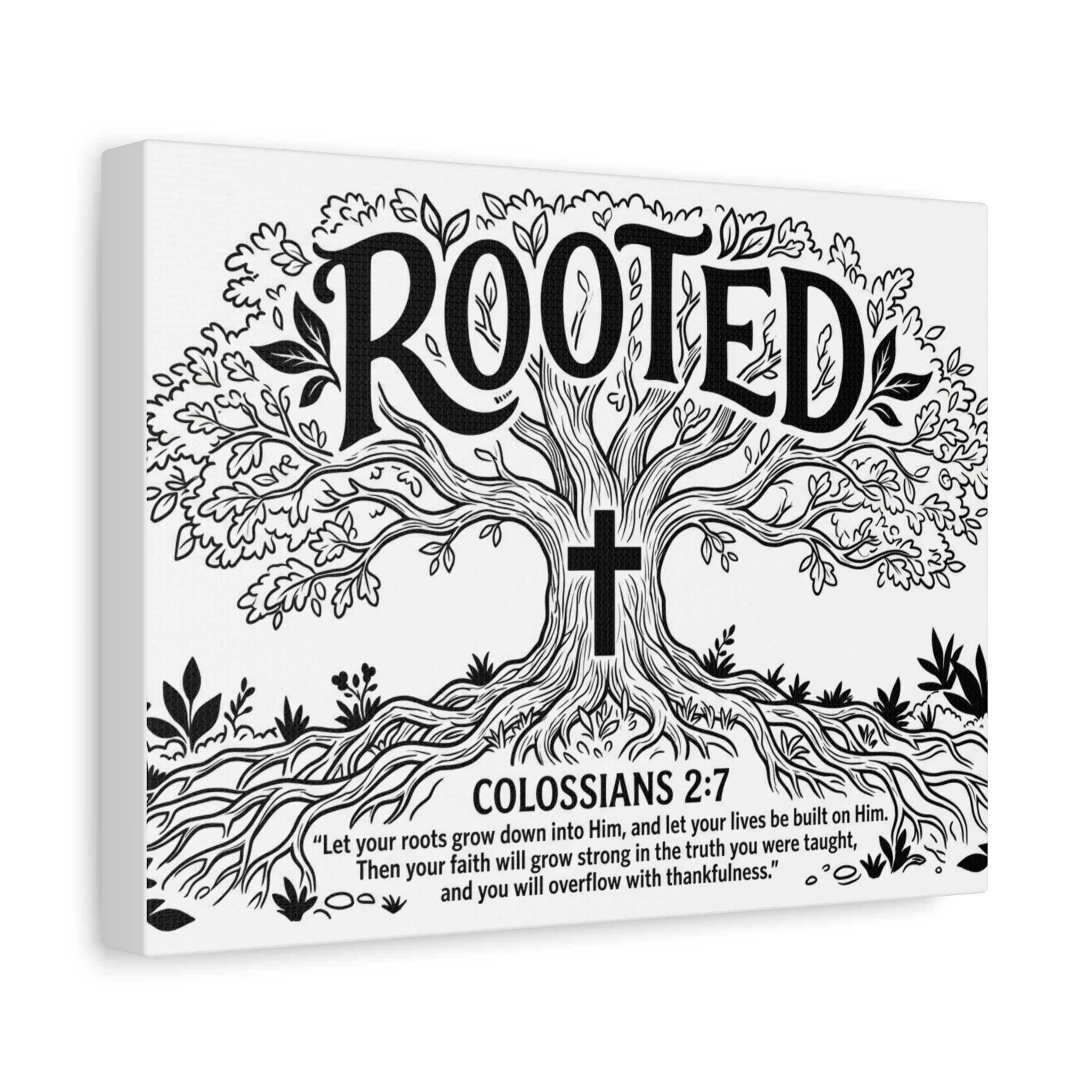 Rooted Colossians 2:7 Tree Canvas Wall Art — Stretched Matte Print