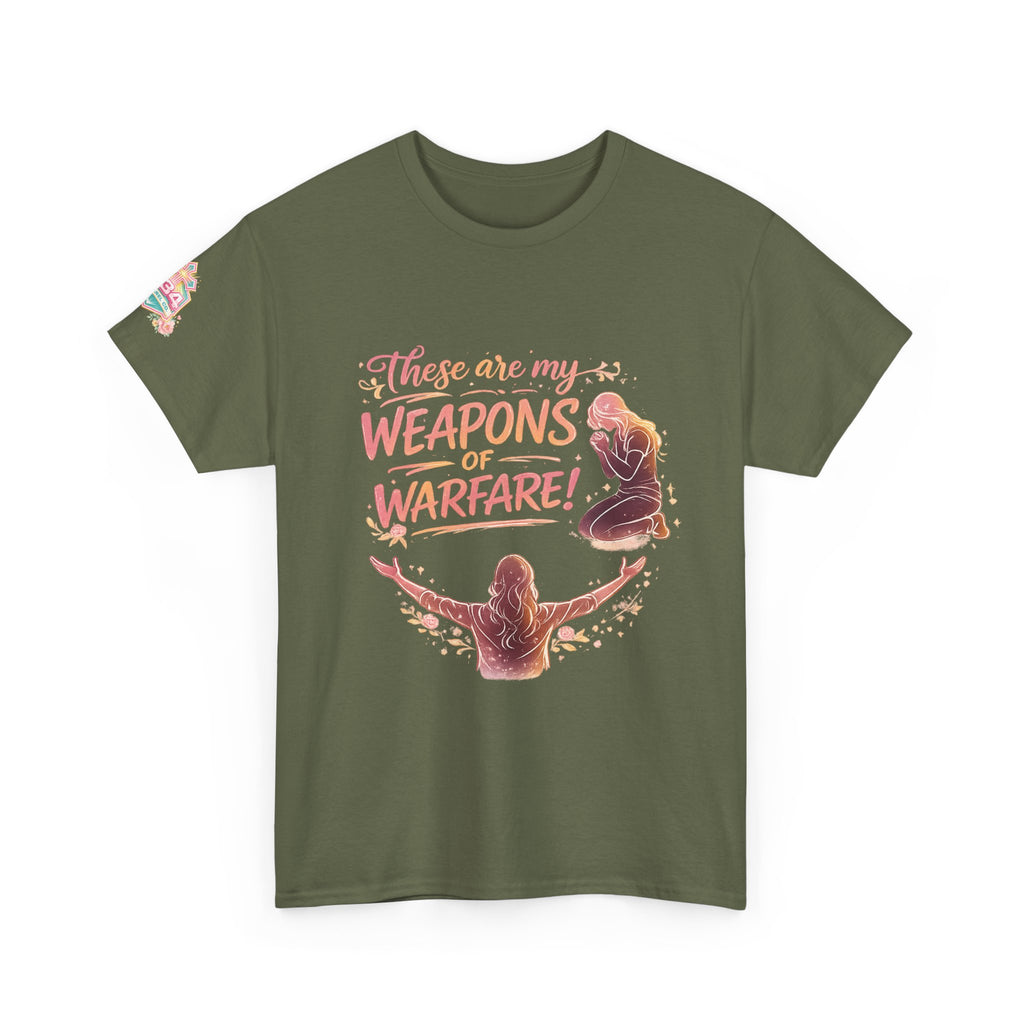 Women's Floral Worship & Prayer Tee — "These Are My Weapons of Warfare" Christian T-Shirt