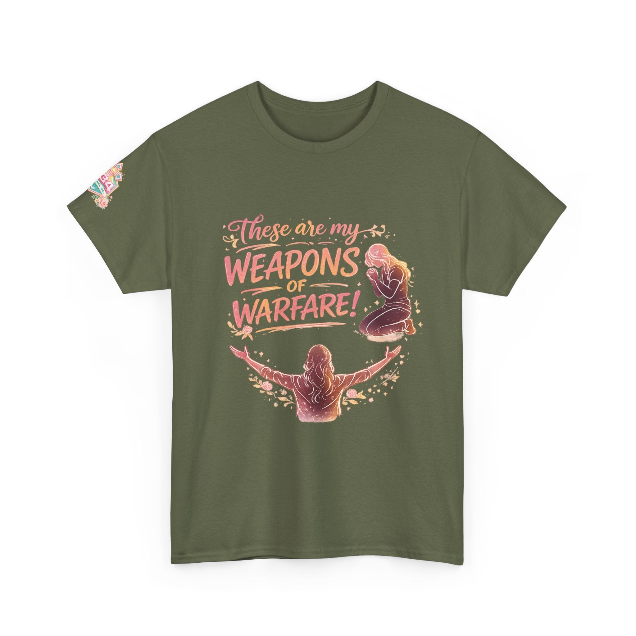 Women's Floral Worship & Prayer Tee — "These Are My Weapons of Warfare" Christian T-Shirt
