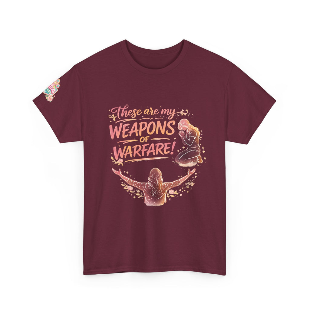 Women's Floral Worship & Prayer Tee — "These Are My Weapons of Warfare" Christian T-Shirt