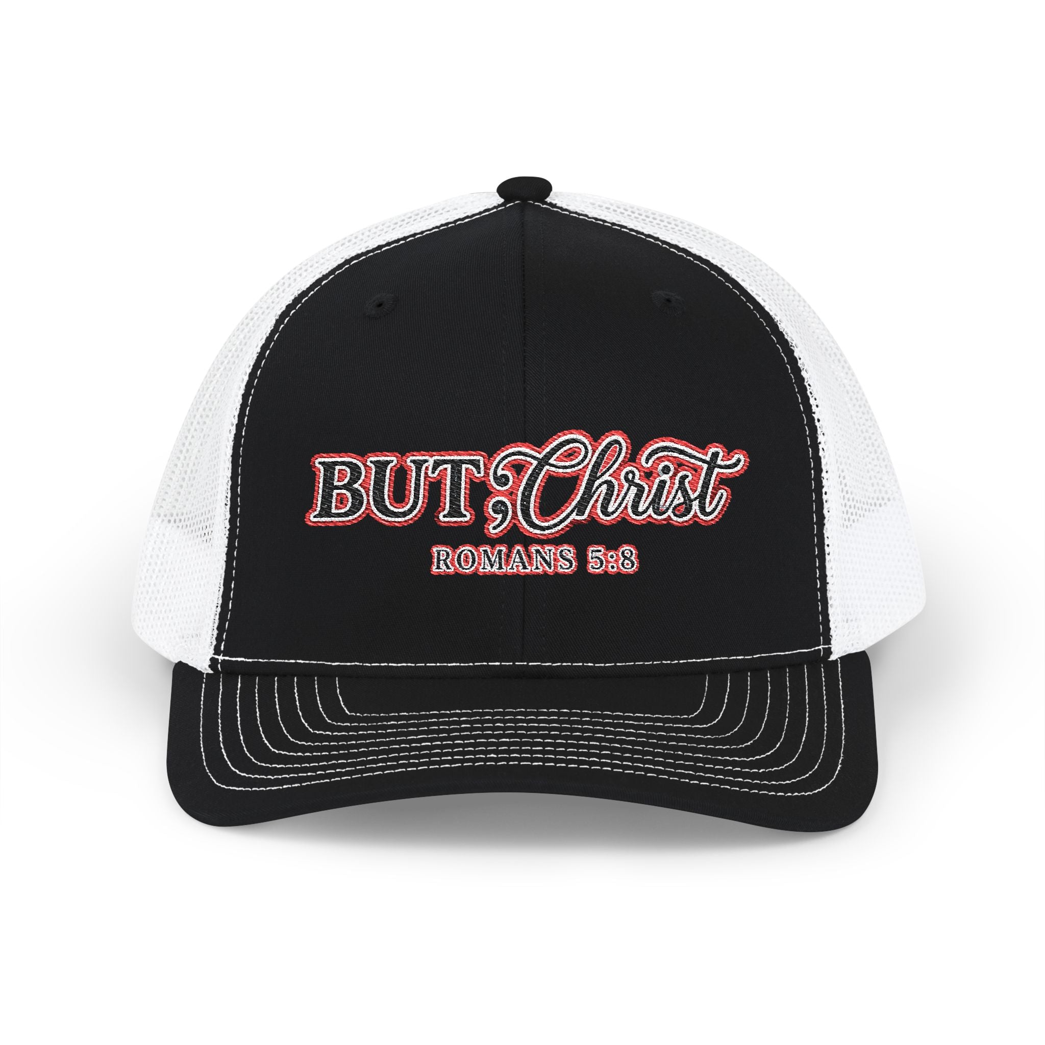But Christ Trucker Cap – Christian Snapback Hat with Romans 5:8 Embroidery