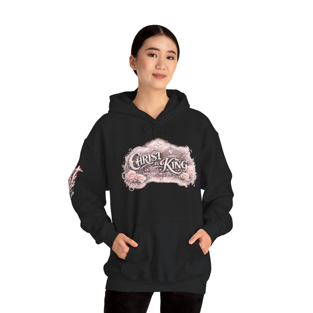 Christ Is King Floral Hoodie — Revelation 19:16 Sleeve & 634 Logo