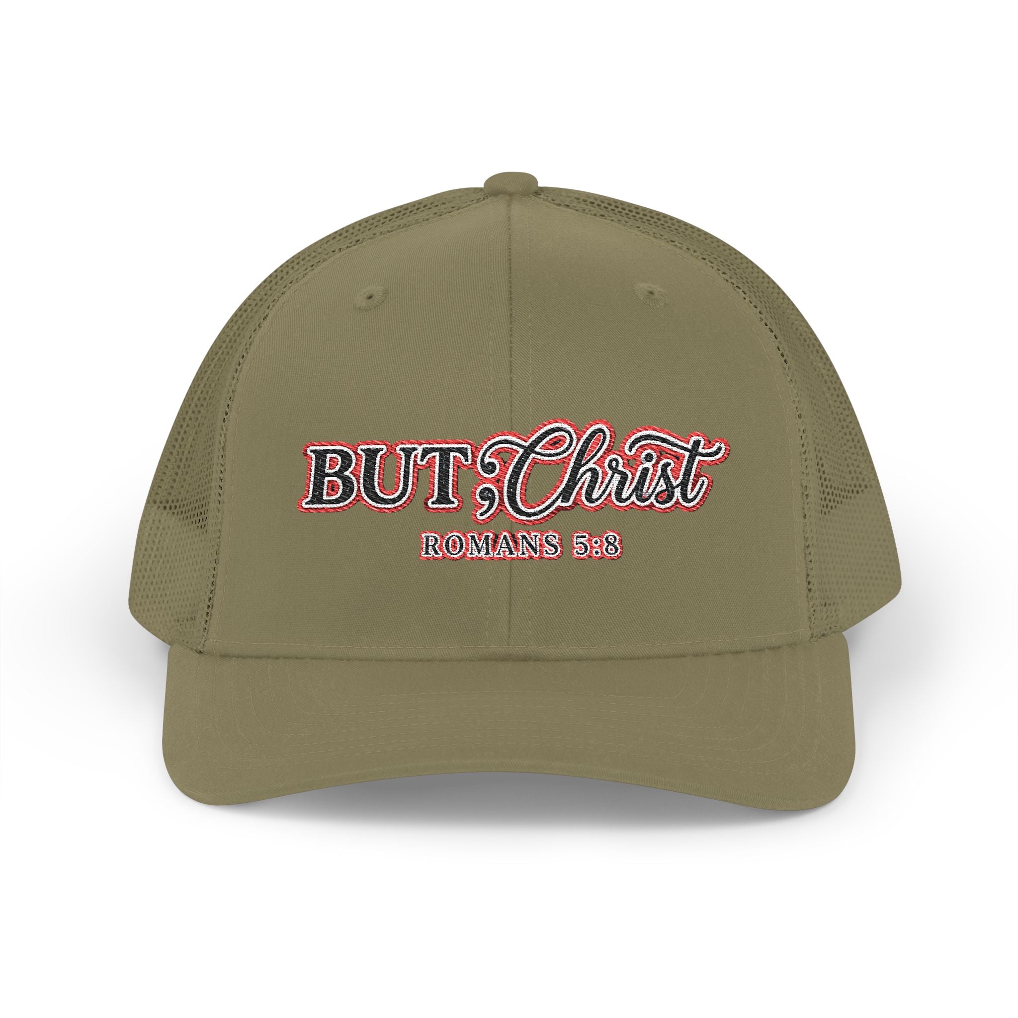 But Christ Trucker Cap – Christian Snapback Hat with Romans 5:8 Embroidery