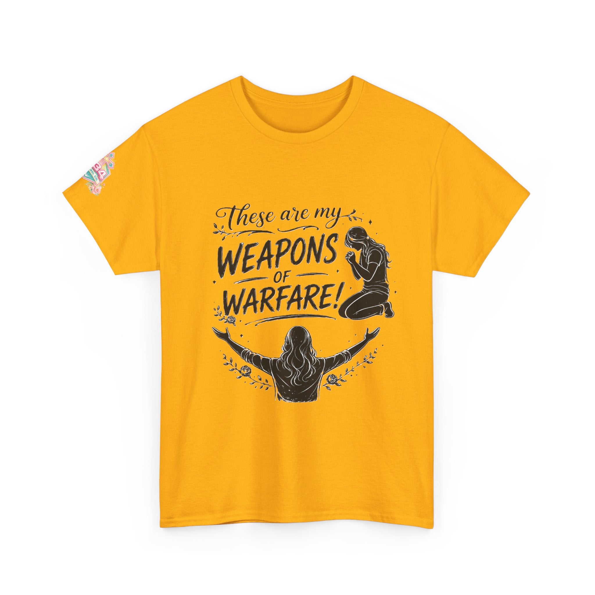 Women's Floral Worship & Prayer Tee — "These Are My Weapons of Warfare" Christian T-Shirt