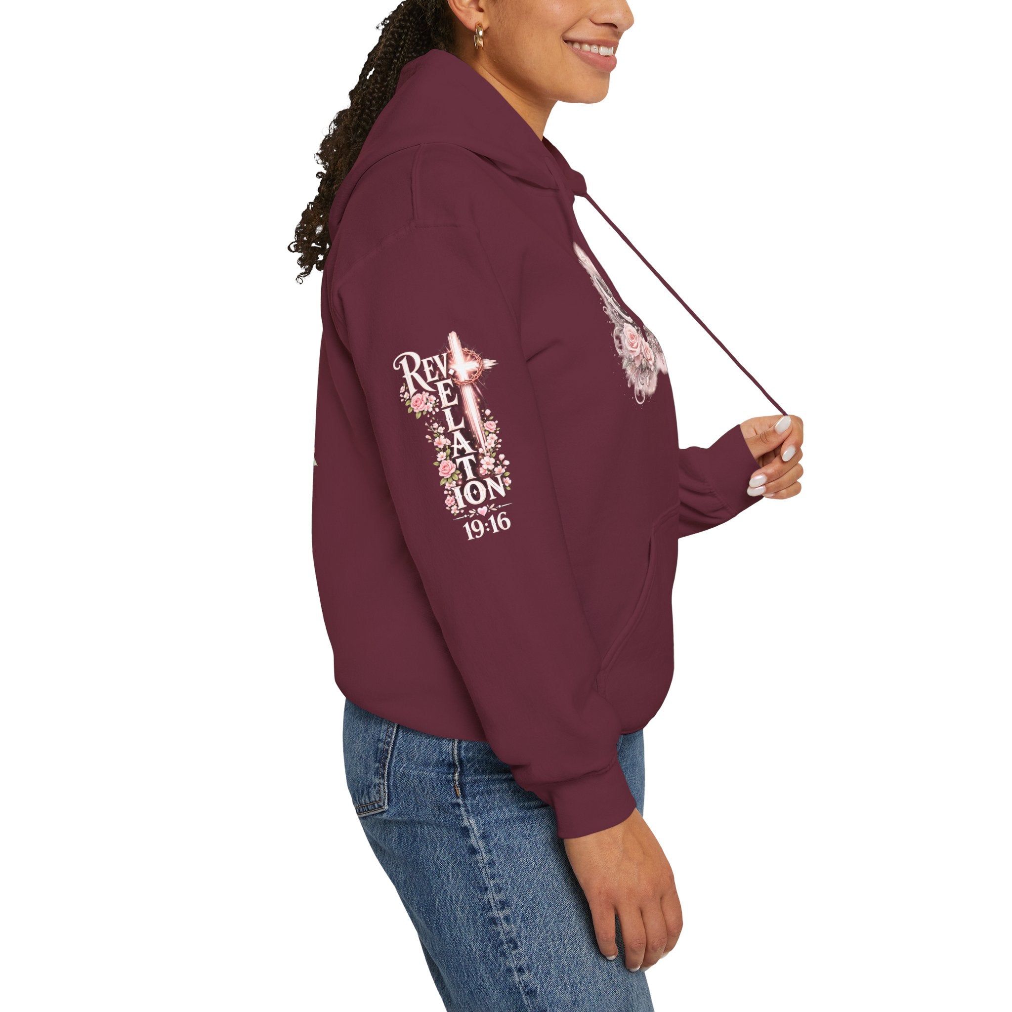 Christ Is King Floral Hoodie — Revelation 19:16 Sleeve & 634 Logo