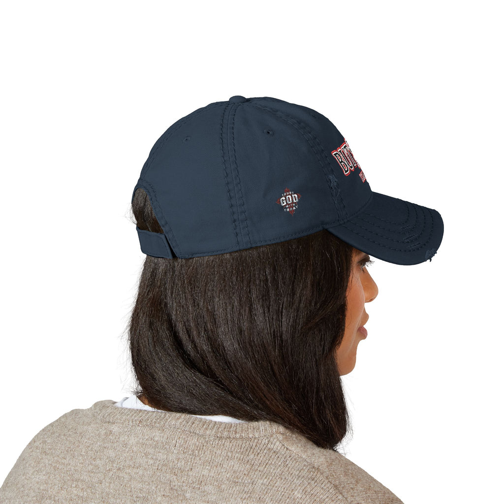 Distressed Dad Hat — “But; Christ” Our Stories Continue!  Embroidered Cap (Romans 5:8, Trust God)