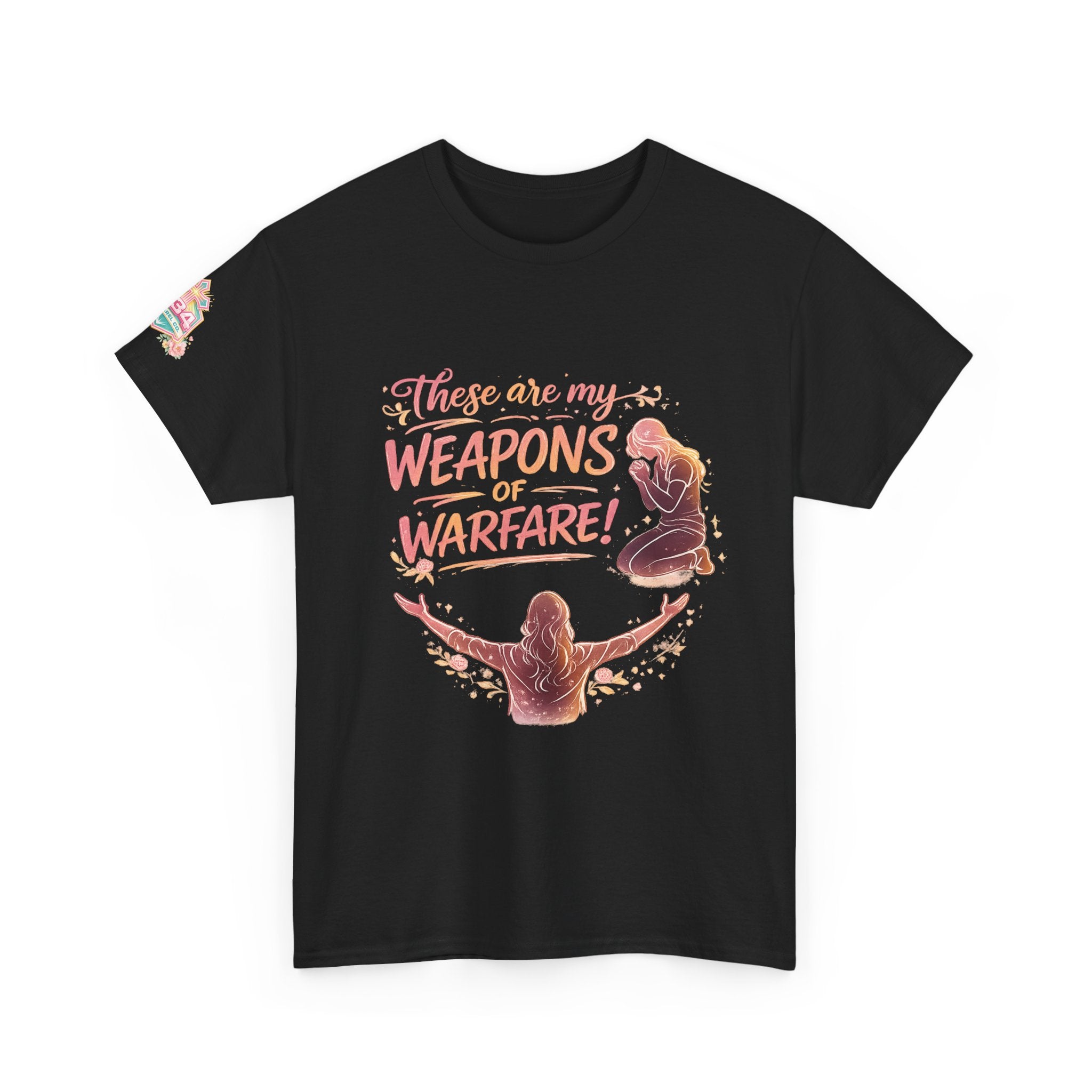 Women's Floral Worship & Prayer Tee — "These Are My Weapons of Warfare" Christian T-Shirt