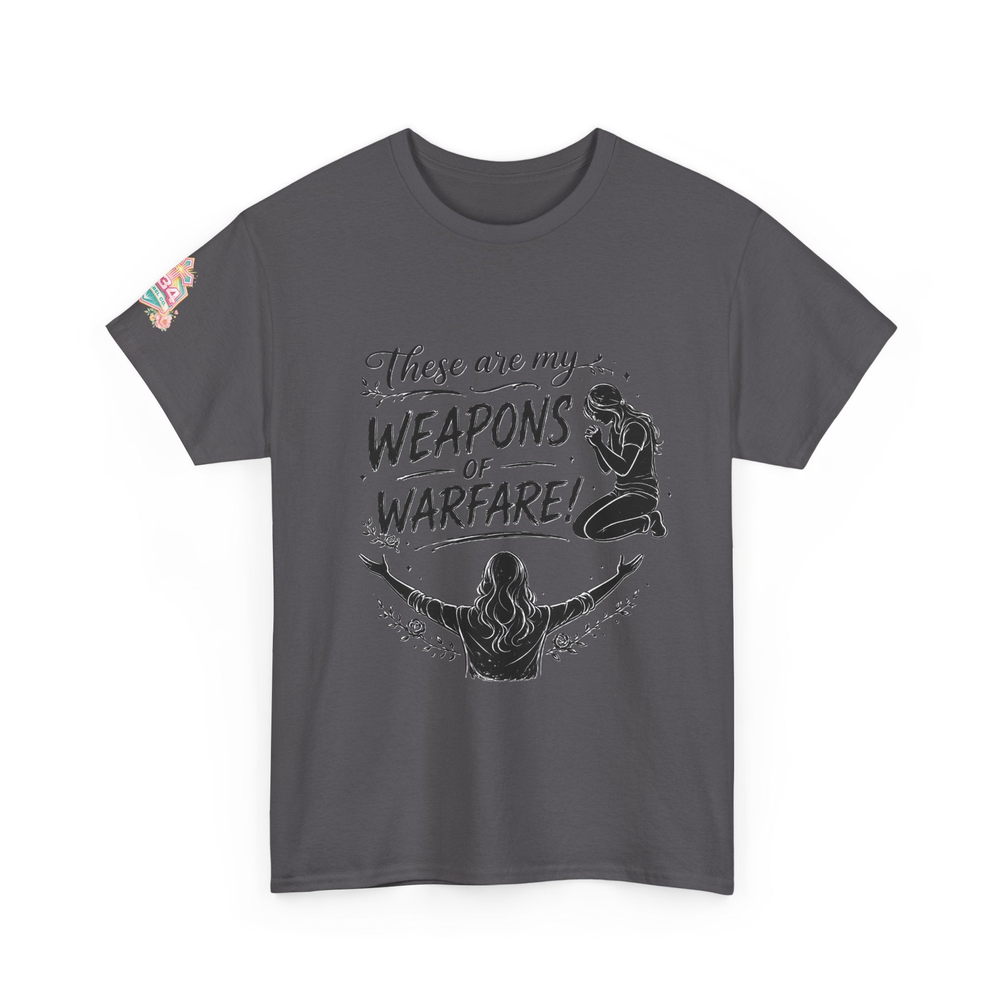 Women's Floral Worship & Prayer Tee — "These Are My Weapons of Warfare" Christian T-Shirt