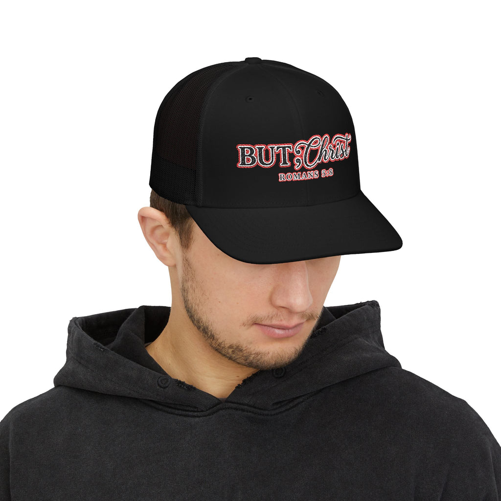 But Christ Trucker Cap – Christian Snapback Hat with Romans 5:8 Embroidery