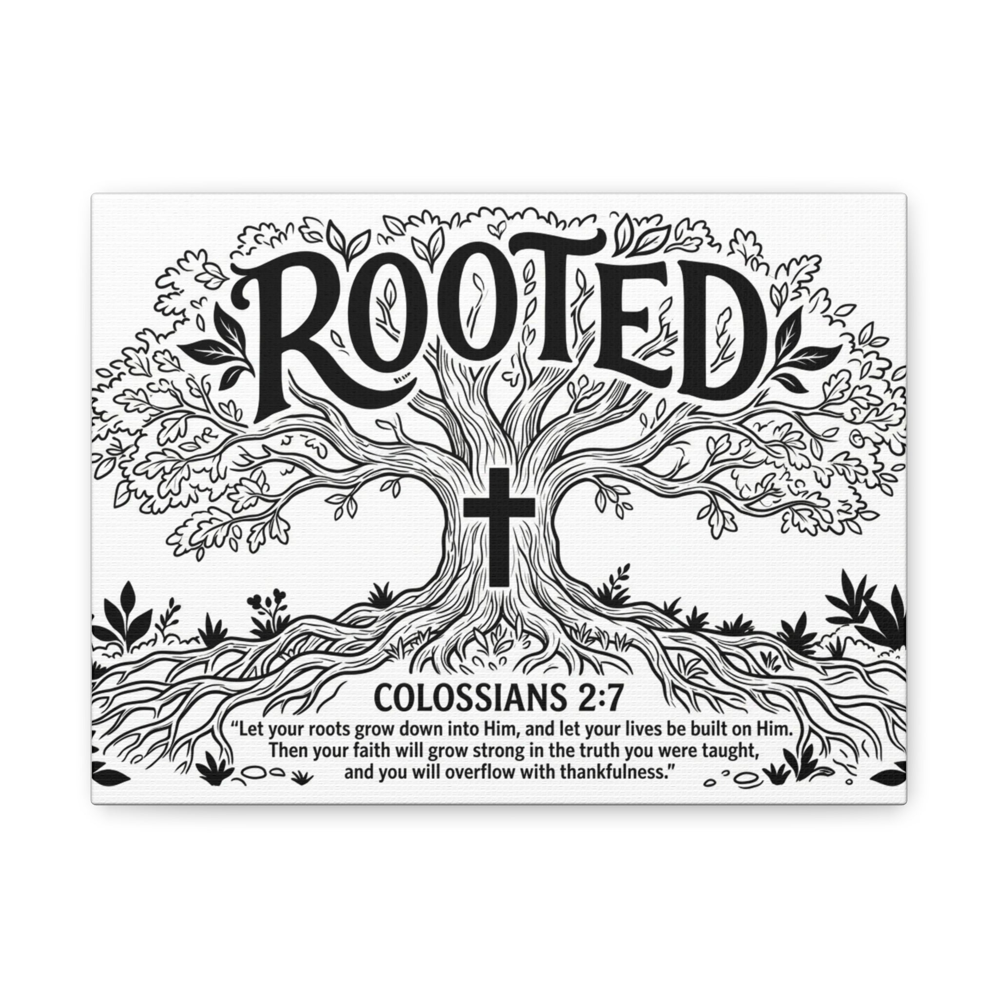 Rooted Colossians 2:7 Tree Canvas Wall Art — Stretched Matte Print