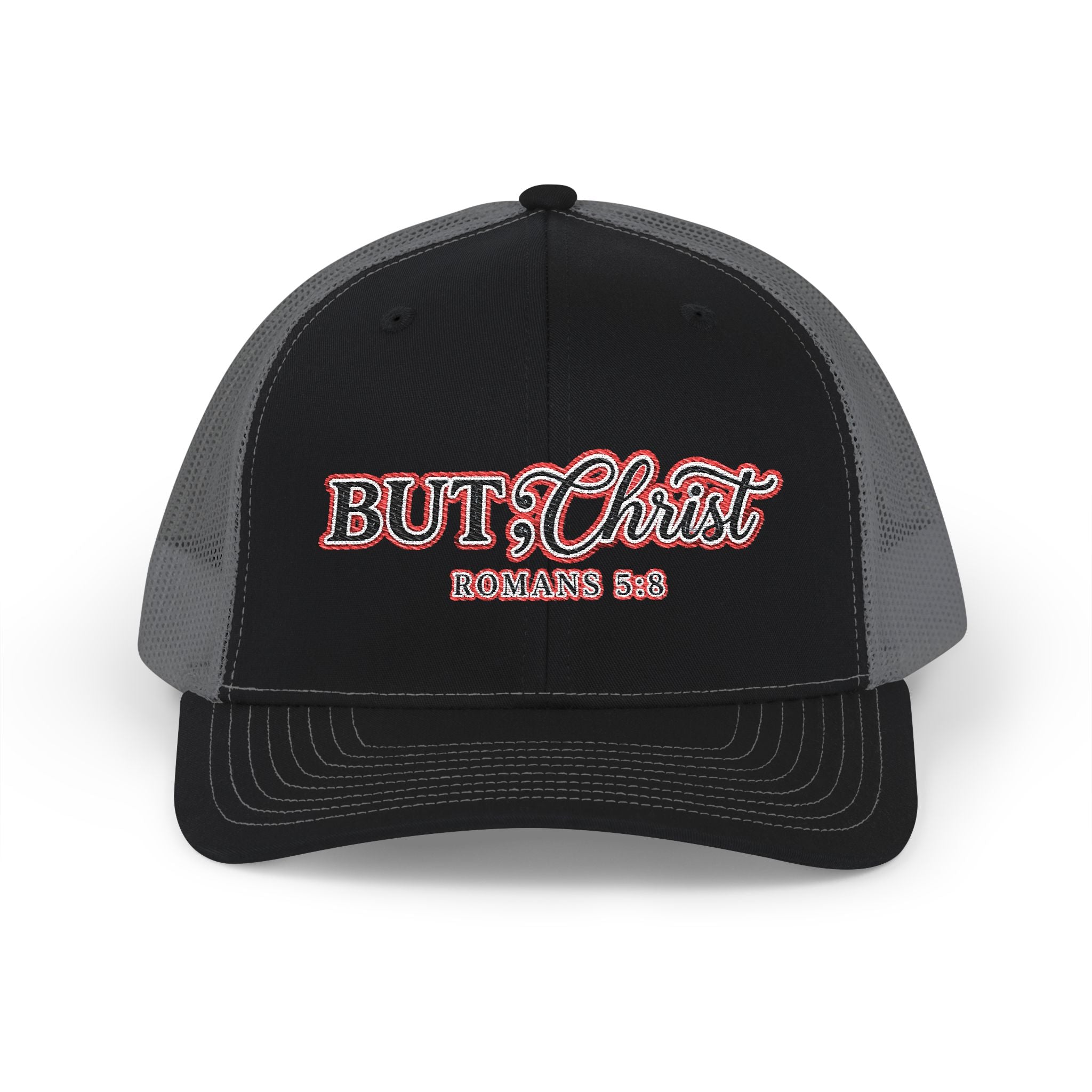 But Christ Trucker Cap – Christian Snapback Hat with Romans 5:8 Embroidery
