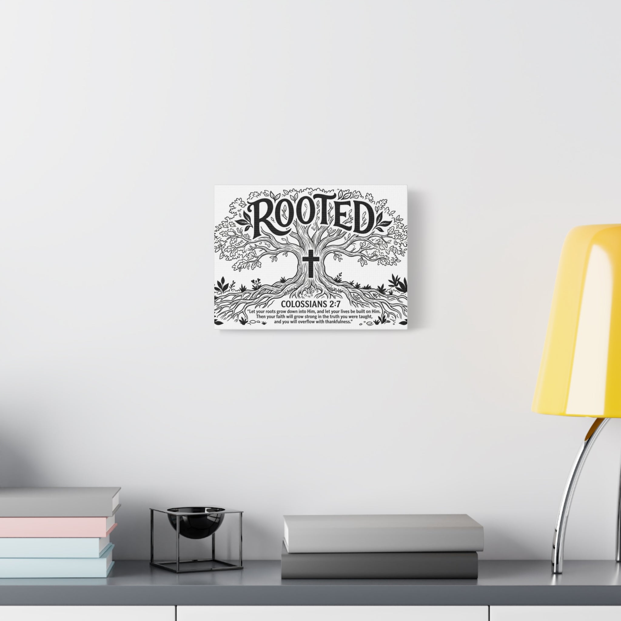 Rooted Colossians 2:7 Tree Canvas Wall Art — Stretched Matte Print