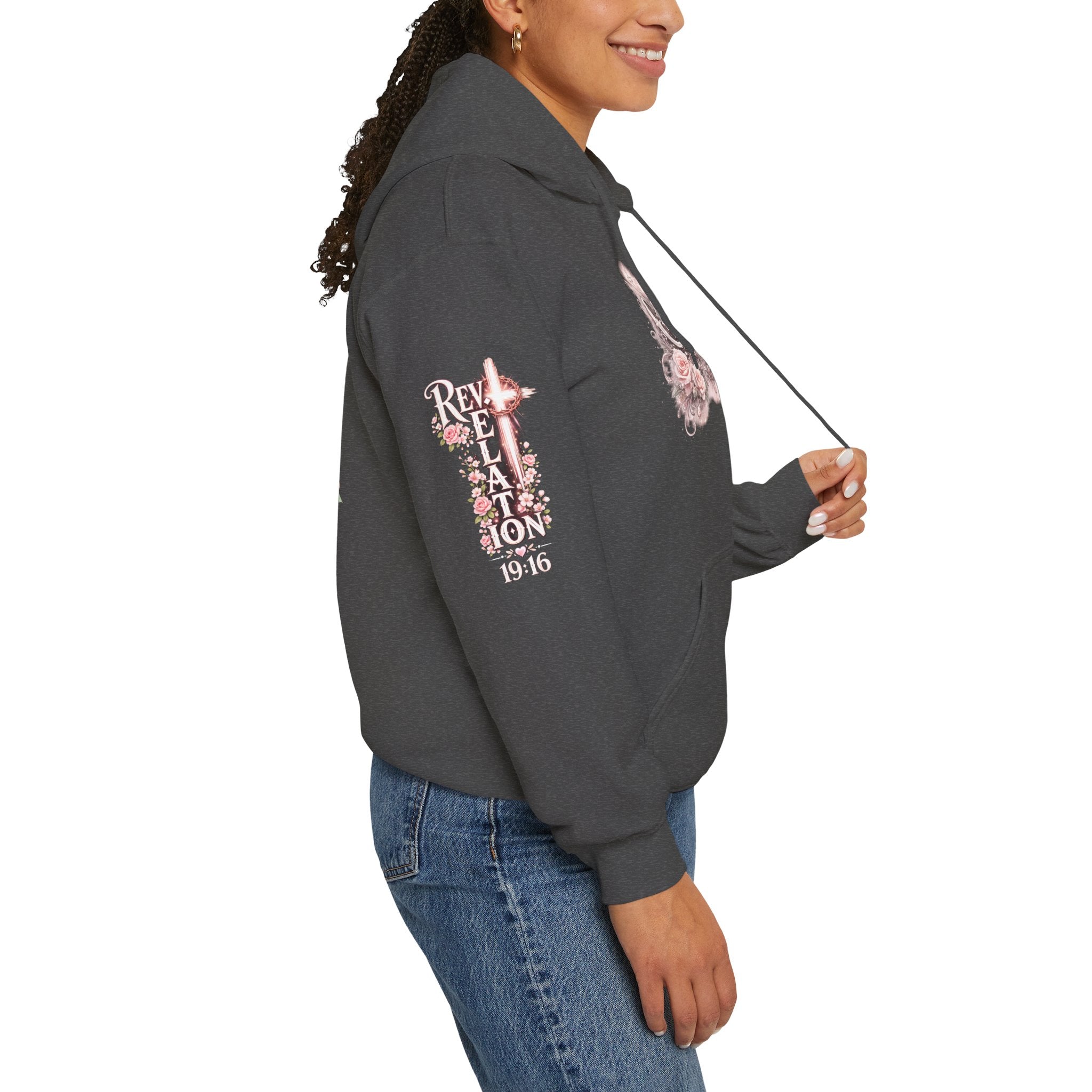 Christ Is King Floral Hoodie — Revelation 19:16 Sleeve & 634 Logo