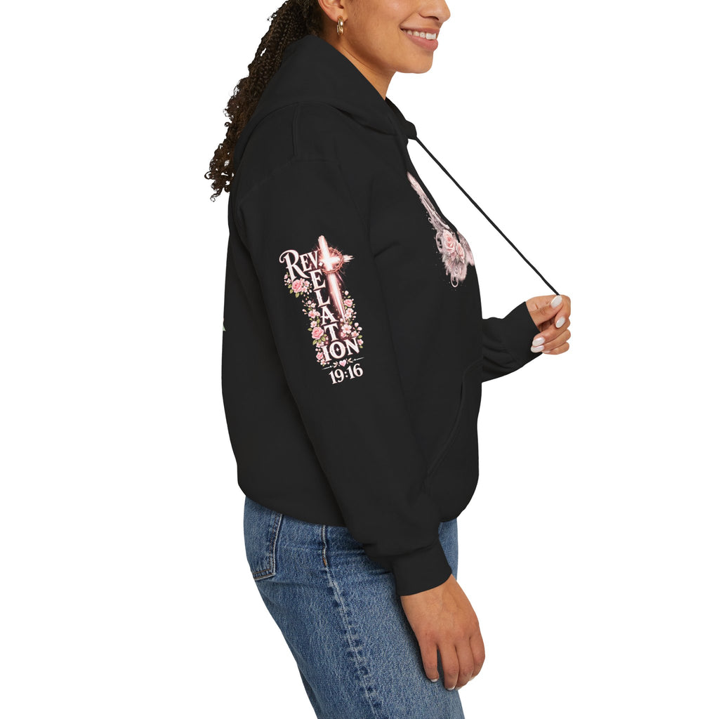 Christ Is King Floral Hoodie — Revelation 19:16 Sleeve & 634 Logo