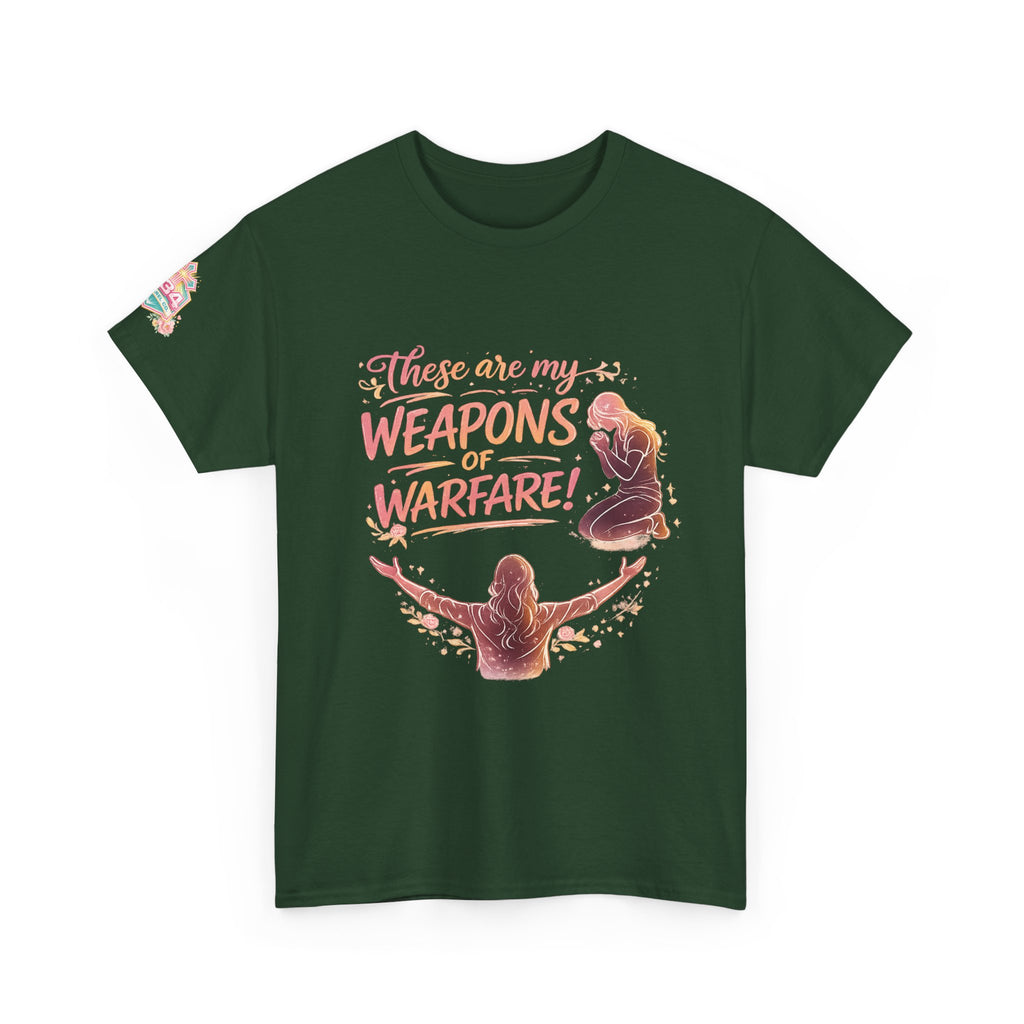 Women's Floral Worship & Prayer Tee — "These Are My Weapons of Warfare" Christian T-Shirt