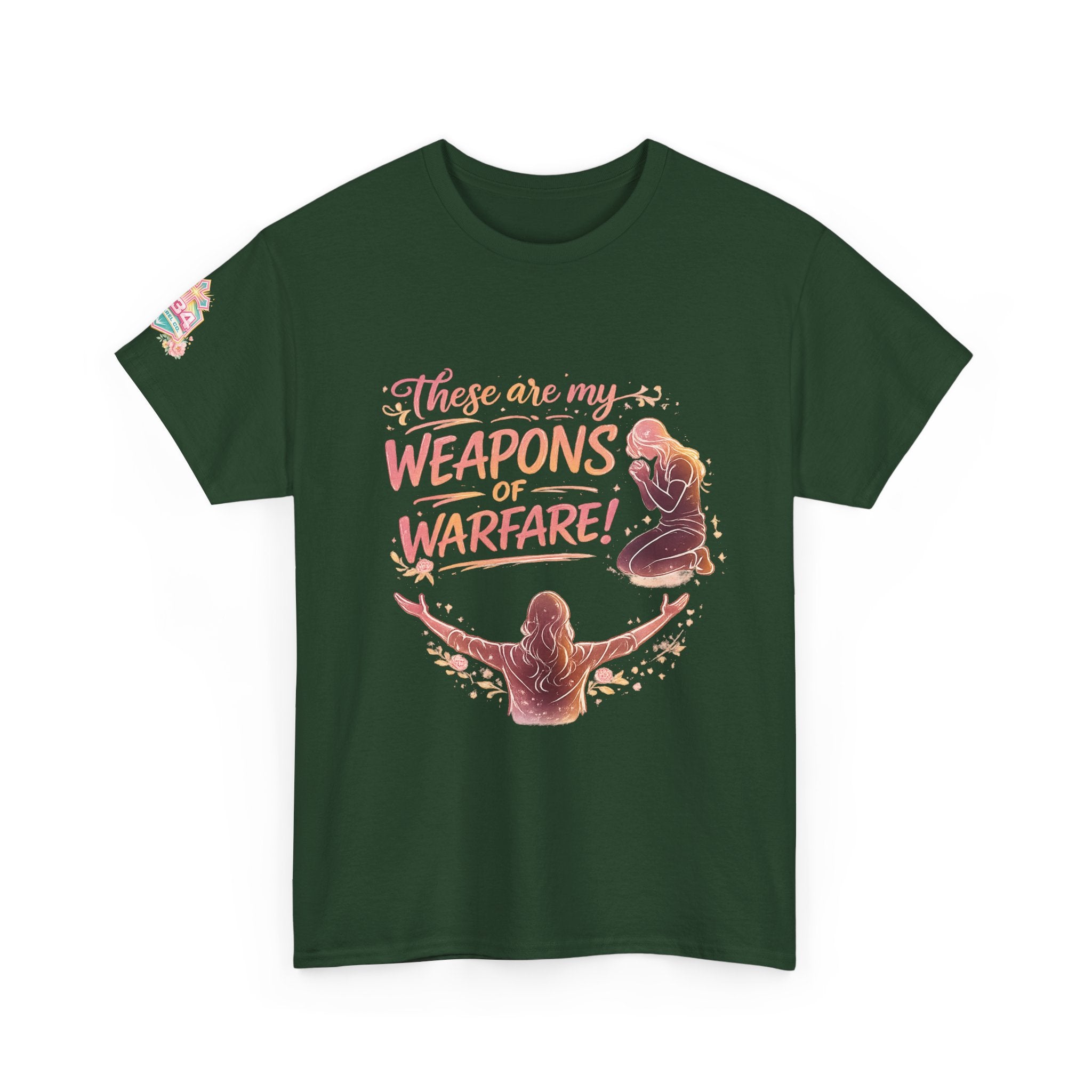 Women's Floral Worship & Prayer Tee — "These Are My Weapons of Warfare" Christian T-Shirt