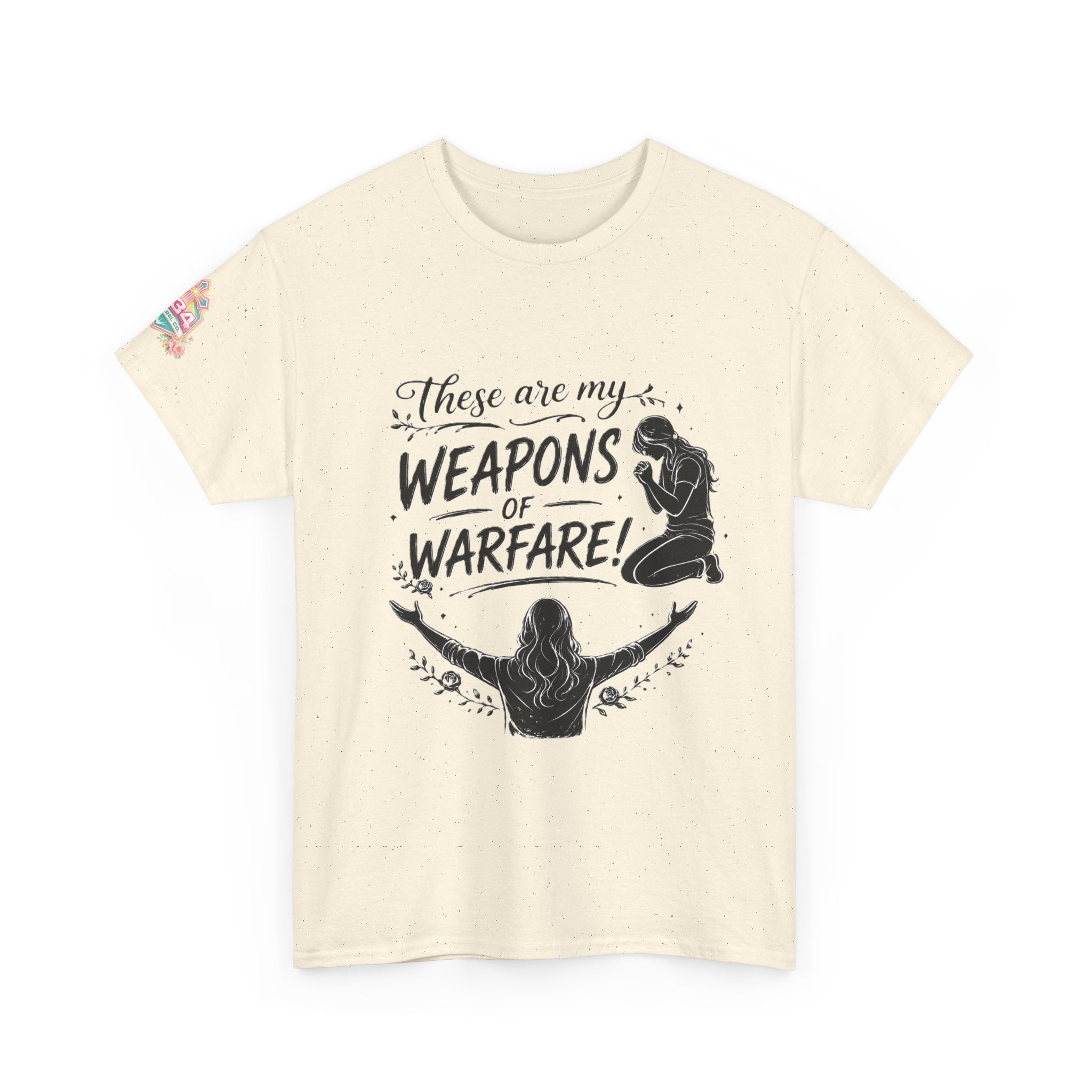 Women's Floral Worship & Prayer Tee — "These Are My Weapons of Warfare" Christian T-Shirt